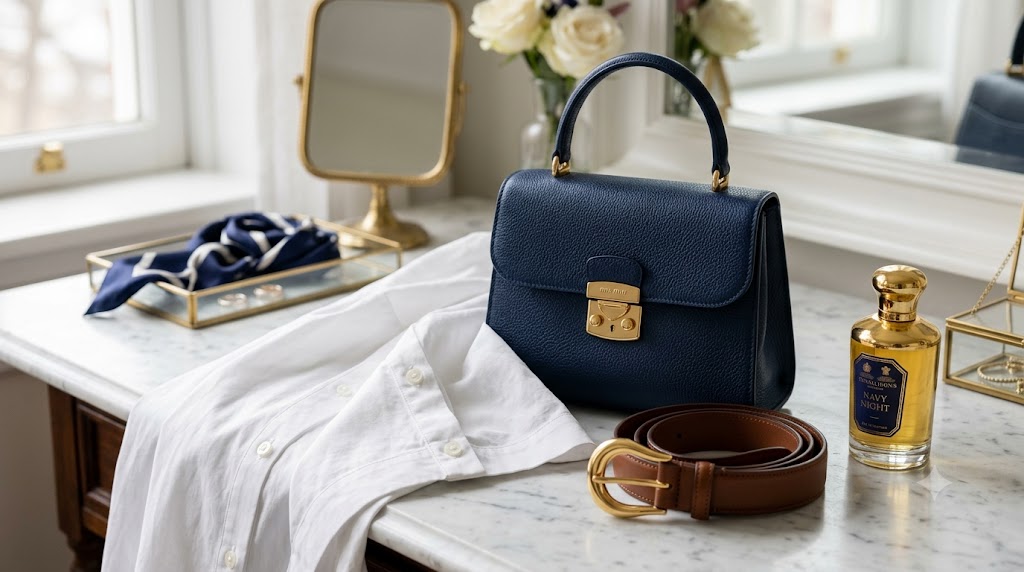 Rich Navy Blue Grain Top-Handle Bag & White Poplin Shirtdress